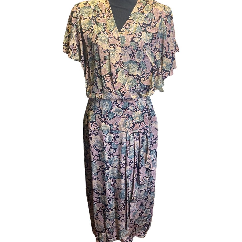 Vintage Barbara Barbara Floral Paisley Boho wrap ruffle Dress Small